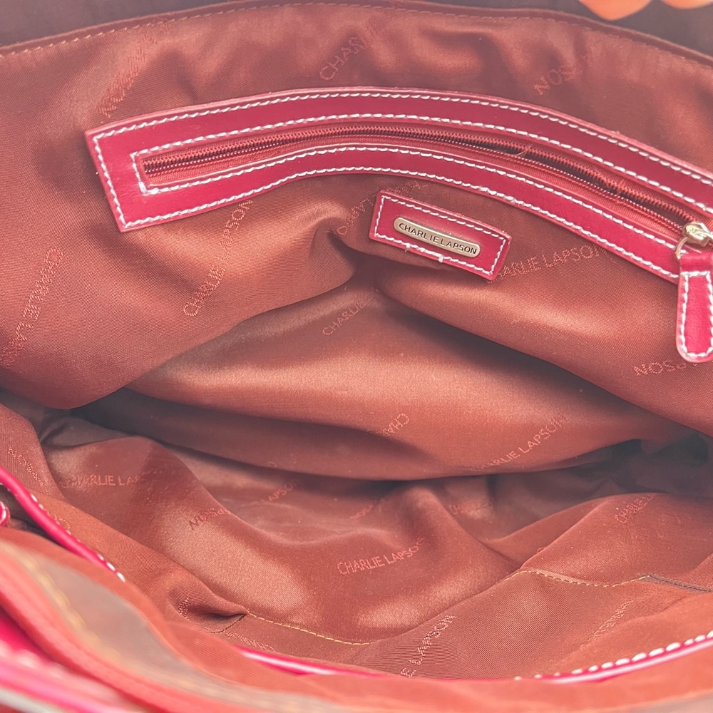 Large Charlie Lapson Leather Shoulder Bag Purse Burgundy size 16”x11” Laptop - Picture 15 of 16